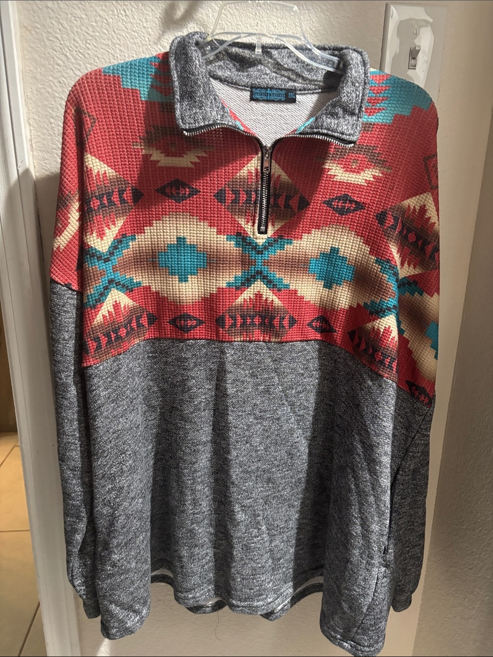 Ariat Men’s Red Aztec Zip-Up Pullover with Gray Heather Base with 2 pockets 3XL